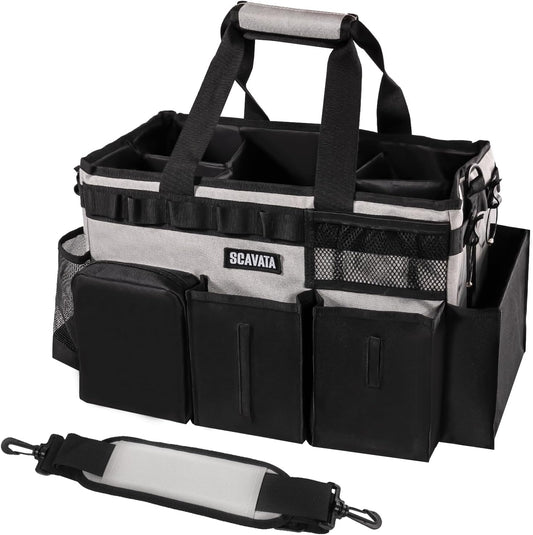 Wearable Cleaning Caddy Bag, Cleaning Caddy Supplies Organizer with Handle & Shoulder Straps for Housekeepers, Under Sink & Car Cleaning Tool Organizers with 4 Foldable Divider (Grey)