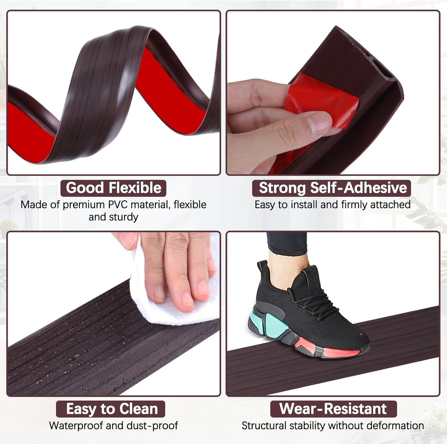 Vinyl Door Threshold Flooring Transition Strip Self Adhesive Carpet Edging Strip for Laminate Doorway Edge Threshold from 3/5" to 4/5" (Black Walnut Wood Grain, 6.6 Ft)