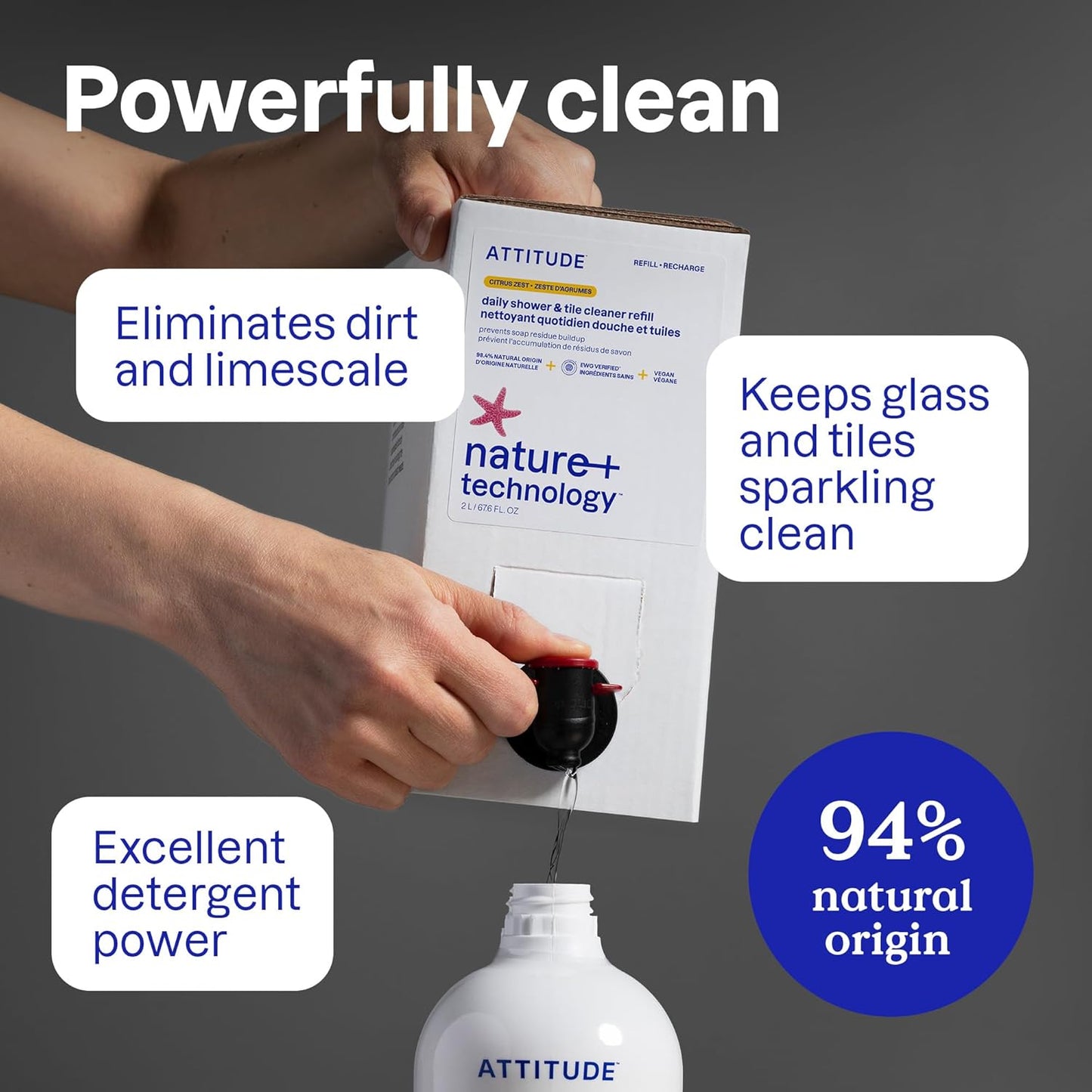 ATTITUDE Shower & Tile Cleaner Refill, EWG Verified, Plant-Based & Vegan Bathroom Spray, Removes Soap Scum & Grime, Citrus Zest Scent, 67.6 Fl Oz