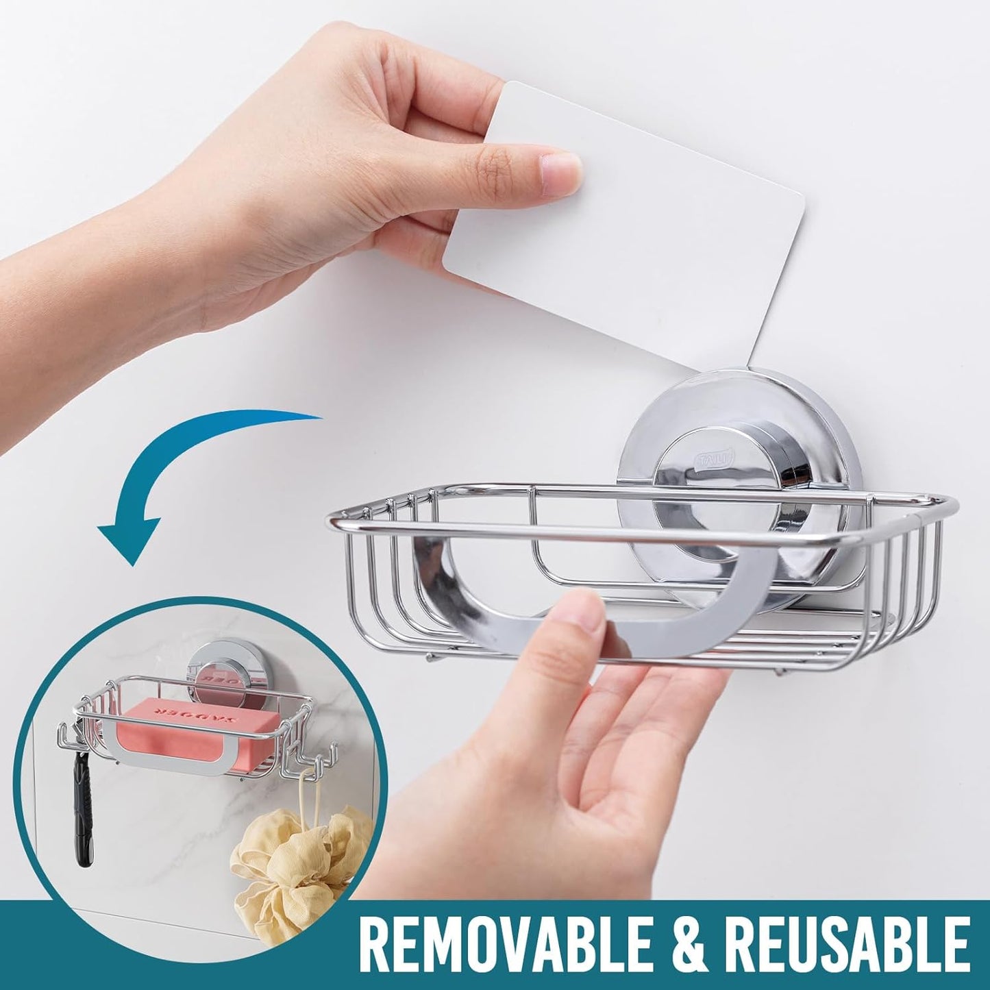 TAILI Soap Bar Holder Dish with Hooks, Shower Soap Tray Saver Suction Cup with Razor Holder for Wall, Rustproof Stainless Steel Bath Shampoo Caddy for Bathroom Accessories Organizer, Silver