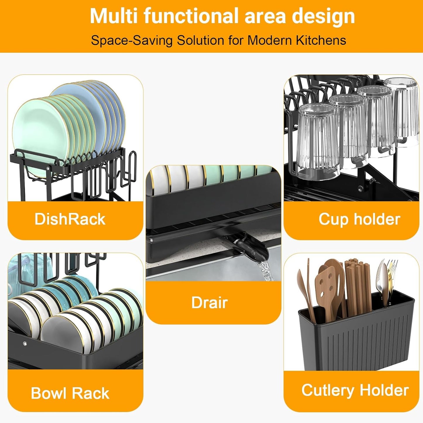 Extendable Dish Racks 16.3"-21.6" L x 16.7" W,Stainless Steel Dish Drying Rack for Kitchien Counter, Anti-Rust Dish Strainer with Cutlery Holder