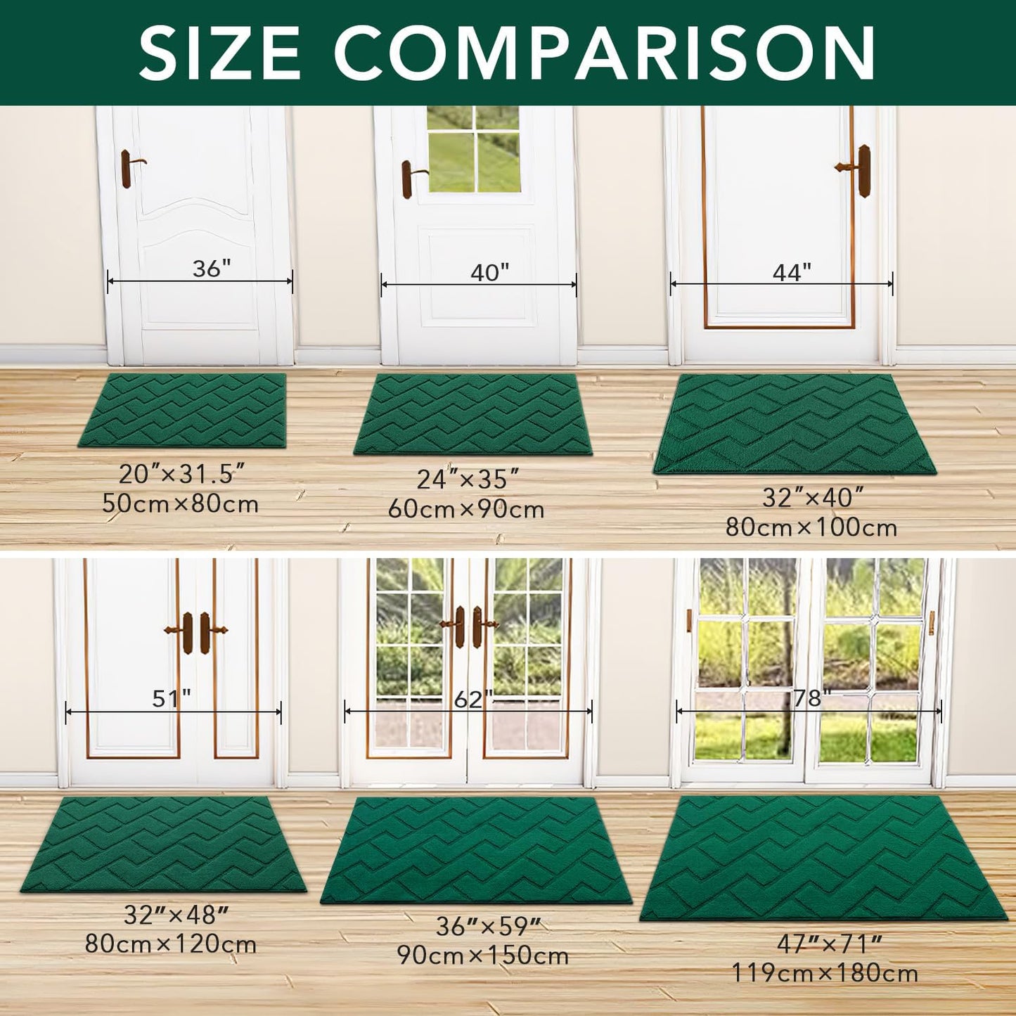 hicorfe Front Door Mat Outside Entrance,20"x31.5" Absorbent Muddy Dirt Resist Welcome Door Mats Outdoor Indoor,Stain and Fade Resistant,Non Slip Backing Entry Mat Doormat for Entryway(Evergreen)