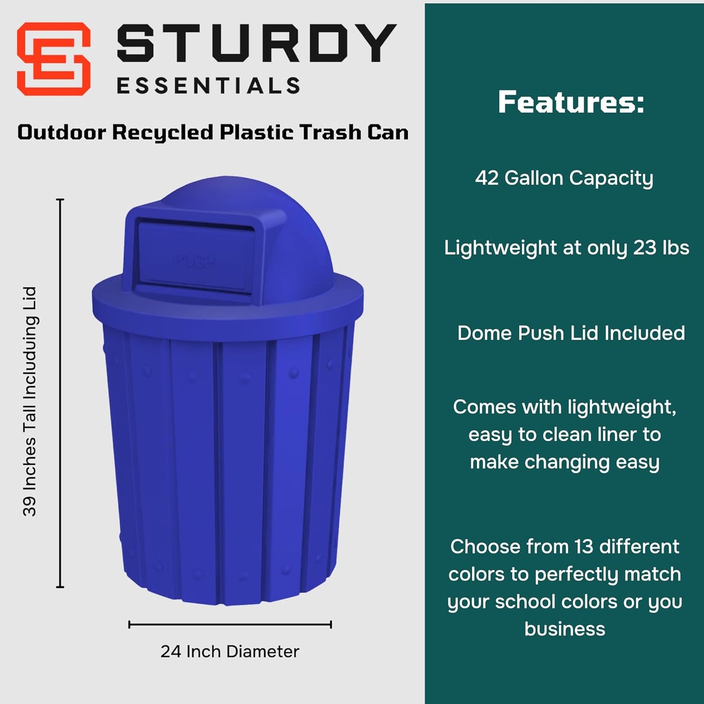 42 Gallon Slatted Circle 100% Recycled Plastic Commercial Outdoor and Indoor Trash Can with Push Open Dome Lid and Internal Liner | Great for Schools and Businesses - Blue