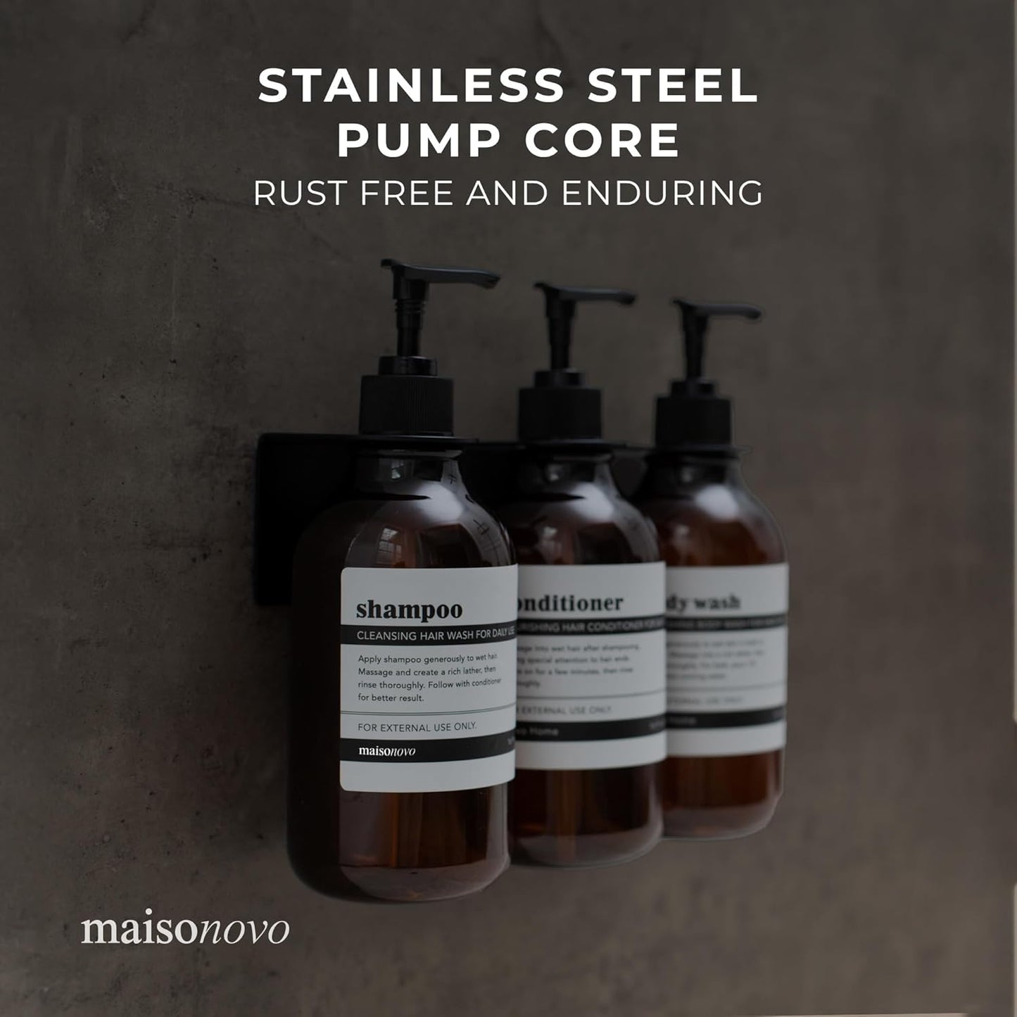 MaisoNovo Shampoo and Conditioner Dispenser - Shower Soap Dispenser Wall Mounted - 16.9 fl oz Set of 3 Amber Plastic Bottles Black Pump - 3 Chamber No Drill