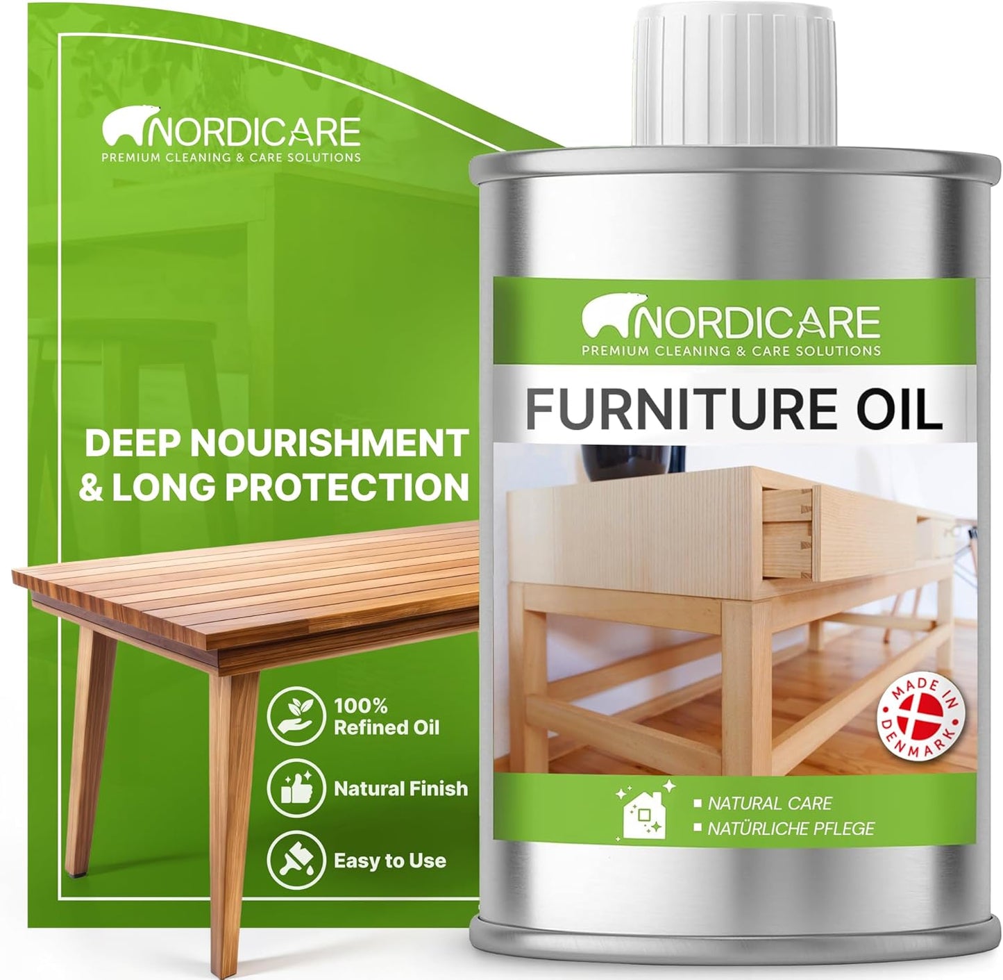 Nordicare Wood Oil Colorless - Premium Walnut Oil, Teak Oil, Wood Oil Furniture for Oak, Beech, Teak, Walnut, Pine, Larch - Natural Furniture Wood Oil - Made in Denmark - for Indoor Use (34 oz)