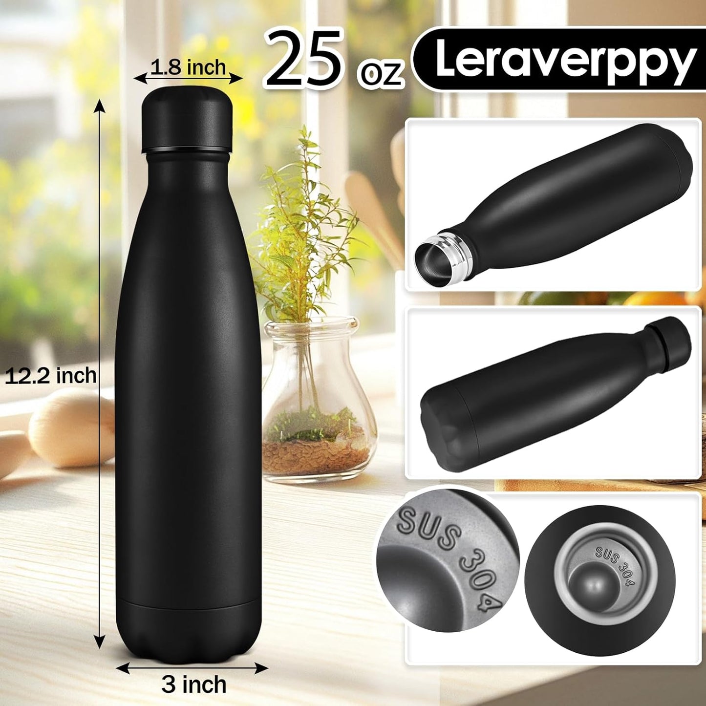 25oz Cola-Bottle Shaped Stainless Steel Leak-proof Water Bottle,Double Wall Vacuum Insulated Metal,Travel Mug For Sports Indoors & Outdoors,BPA-Free School Kids Flasks,Black(4 Pack）