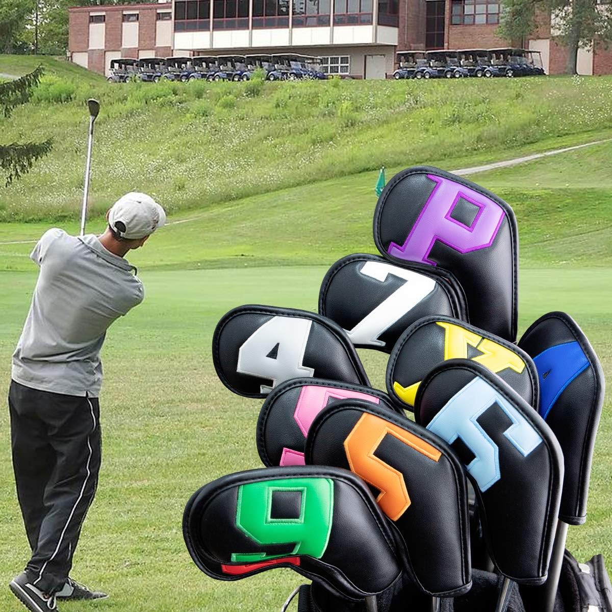 Barudan Golf Iron Club Head Covers Set Headcovers for Callaway Ping S5 - Big Colorful Number - Long Neck - Black Pu Leather fits Small Standard Oversized Golf Clubs 10pcs/Pack (Black+Color Number)