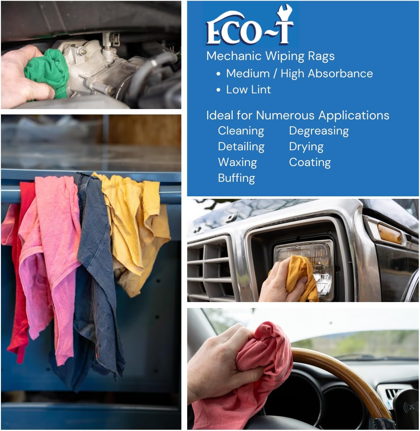 25 Lb Box Eco-T Mechanic Shop Rags - Colored T-Shirt Material, 100% Recycled, Eco-Friendly, High Absorbency, Low Lint, Low-Cost, Industrial Use Wiping Cloth
