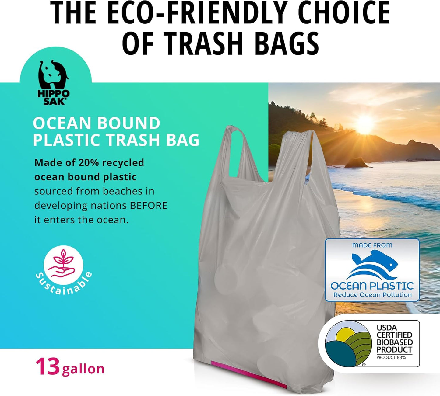 Hippo Sak - Tall Kitchen Garbage Bags with Ergonomic Handles - 13 Gallon Trash Bags Made from Recycled Ocean Bound Plastic - Super Strong and Leak Proof Tall Kitchen Trash Bags (45 Count)