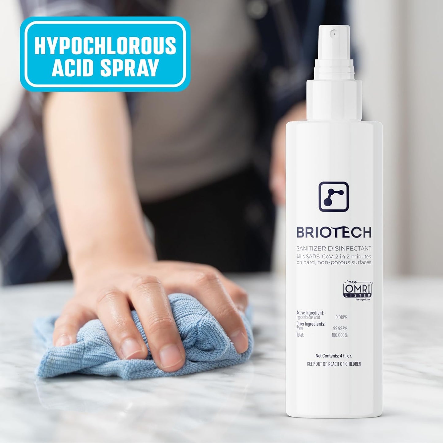 BRIOTECH Sanitizer Disinfectant Hypochlorous Spray, Kill 99.99% of Viruses & Bacteria, Control Mold, Eliminate Odor, Gentle for Nursery & Play Rooms, Food Contact Surface Sanitizer, 8 fl oz (4 Pack)