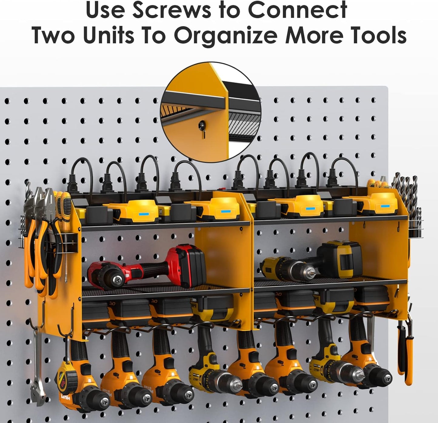CCCEI Set Power Tool Organizer Wall Mount with Charging Station. Garage 4 Drill Storage Shelf with Hooks, Heavy Duty Metal Tool Battery Charger Organizer. Shop Utility Rack with Power Strip Yellow.