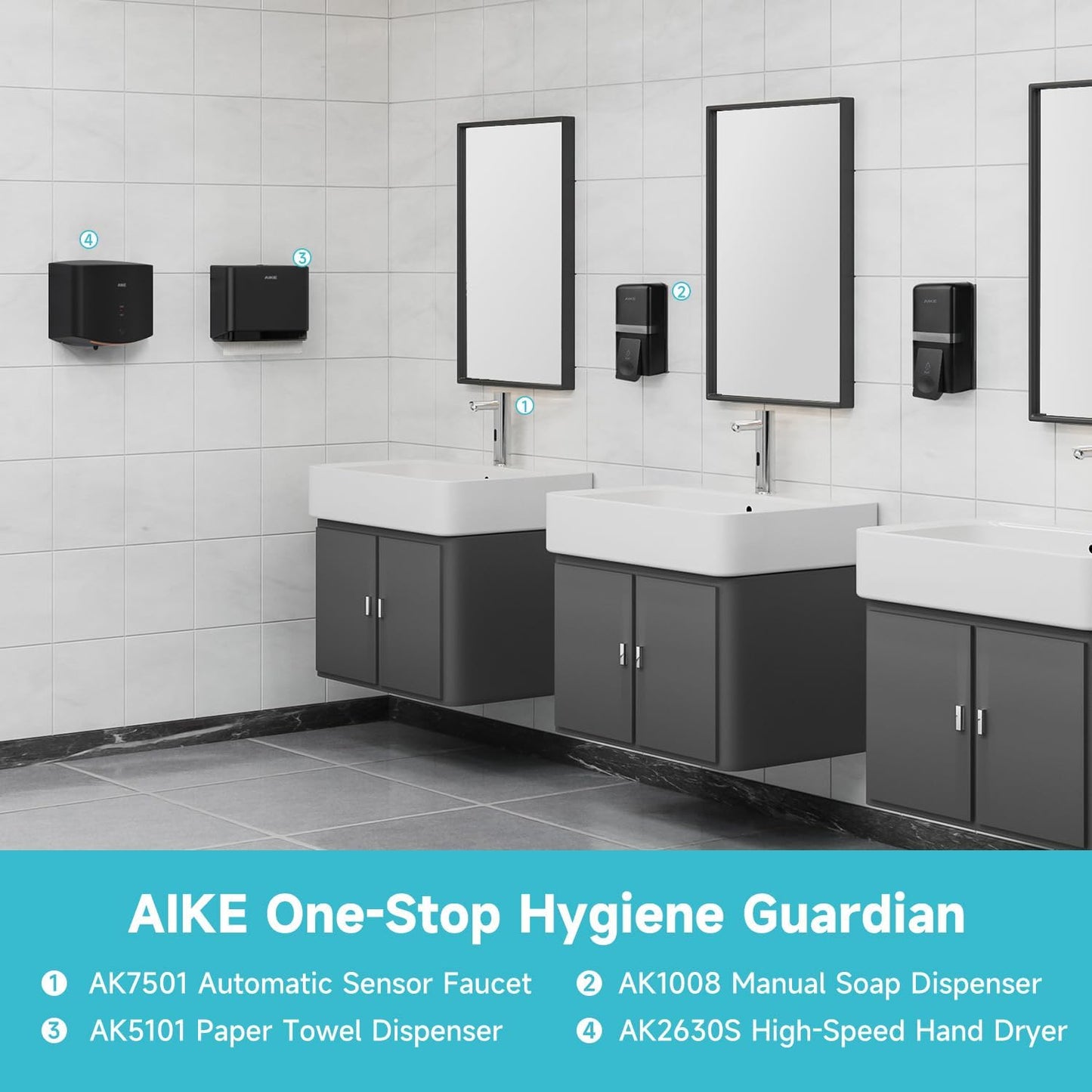 AIKE Wall Mount Liquid Soap Dispenser, 27oz Large Capacity with Extended Pump for Commercial Bathrooms(Black)