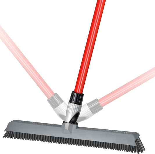 2-in-1 Silicone Rubber Broom Carpet Rake and Squeegee - Swivel Pet Hair Removal Broom with Long Handle - Slanted Side Bristles for Corners - Multipurpose Rubber Broom for Carpet, Hardwood Floor, Tile