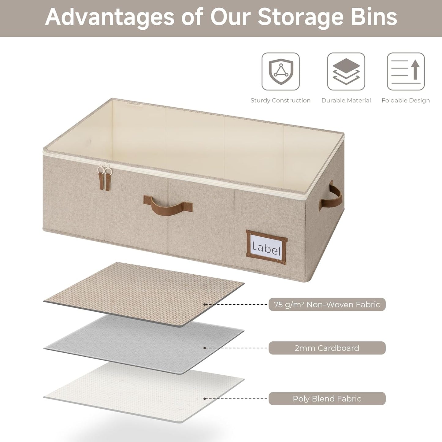 StorageWorks Under Bed Storage Bins, 10'' Underbed Storage Containers with Lid, 90L Clothes Organizer for Bedding, Blankets, Sweaters, Shoes, 2-Pack