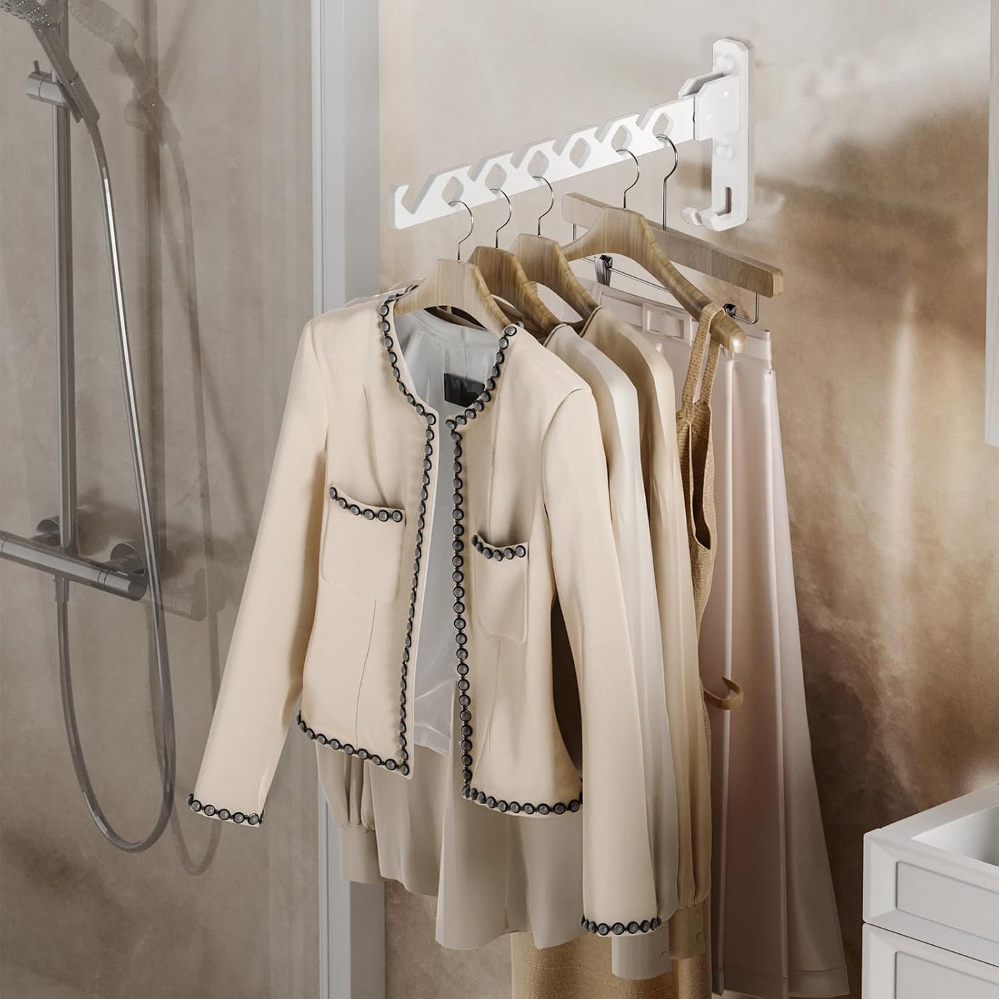 Dr.DJ Wall Mount Coat Hanger Holder White Clothes Drying Organizer Rack Garment Hooks Aluminium Retractable Folding Indoor Wall Mounted Hanger for Laundry Room Bedroom White 2Pack with 80cm Rod