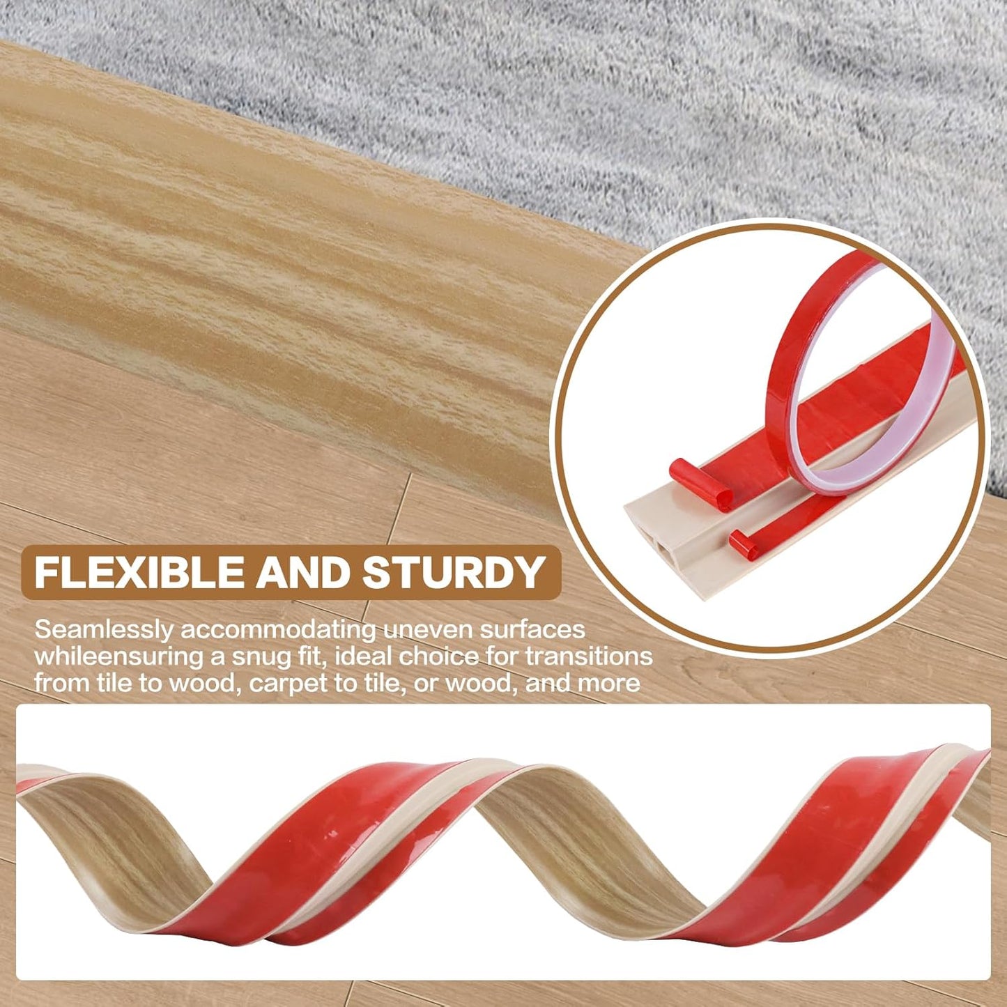 Floor Transition Strip Vinyl Door Threshold Ramp Self Adhesive Carpet Edging Strip Doorway Edge Trim, Overlap Edge Reducer for Laminate Carpet, Floor, Tile (Light Yellow Grain, 1/5" to 2/5", 3.3Ft)