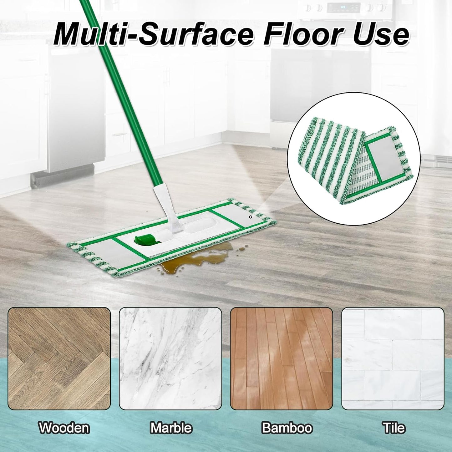 Microfiber Mop Pad Refills Compatible with Libman Wet & Dry Microfiber Mop,Reusable Mop Head Replacement for Multi Surface Floor Wet/Dry Cleaning,2 Pack Microfiber Dust Mop Pads Refills,Green/White