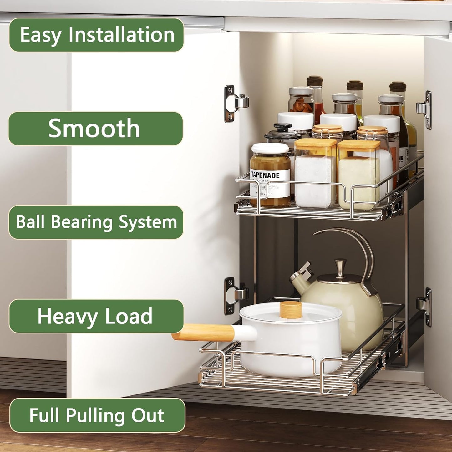 2 Tier Individual Pull Out Cabinet Organizer 11½" W x 21½" D, Heavy Duty Cabinet Pull Out Shelves, Slide Out Drawers Organization for Kitchen Cabinets Bathroom