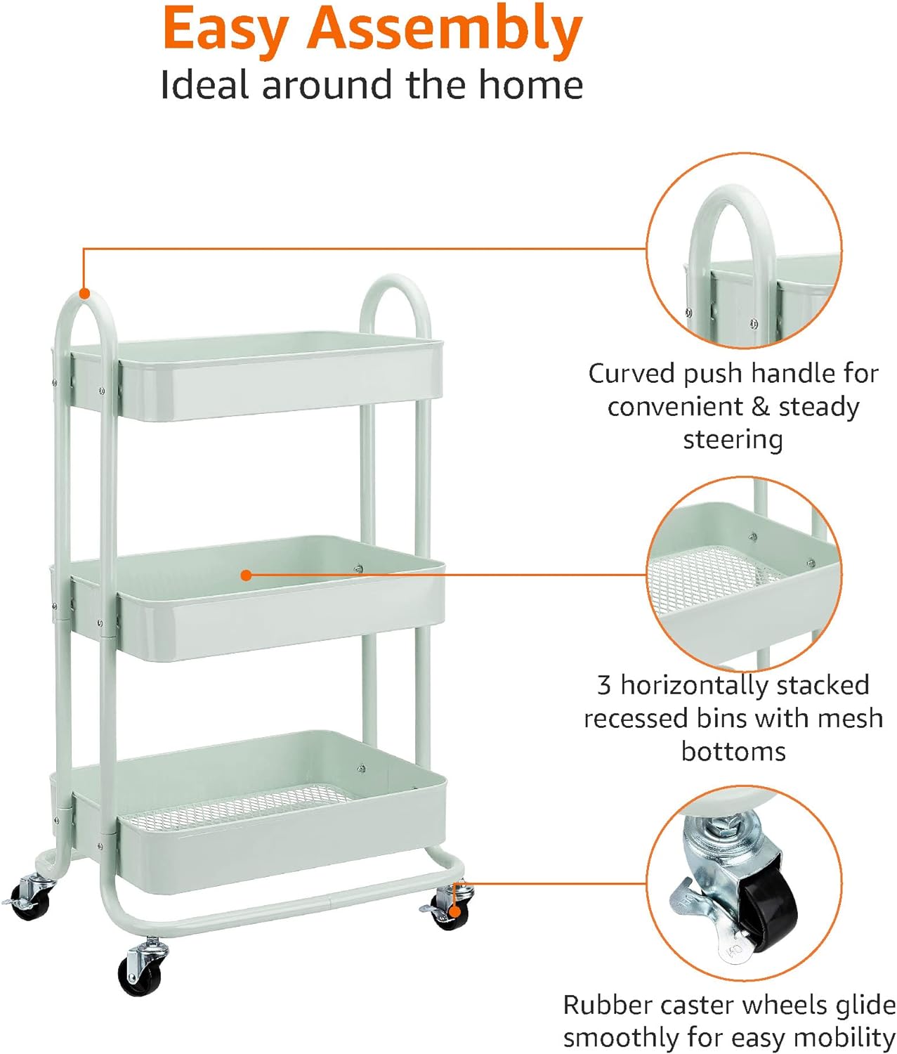 Amazon Basics 3-Tier Metal Rolling Utility or Kitchen Cart - Mint Green