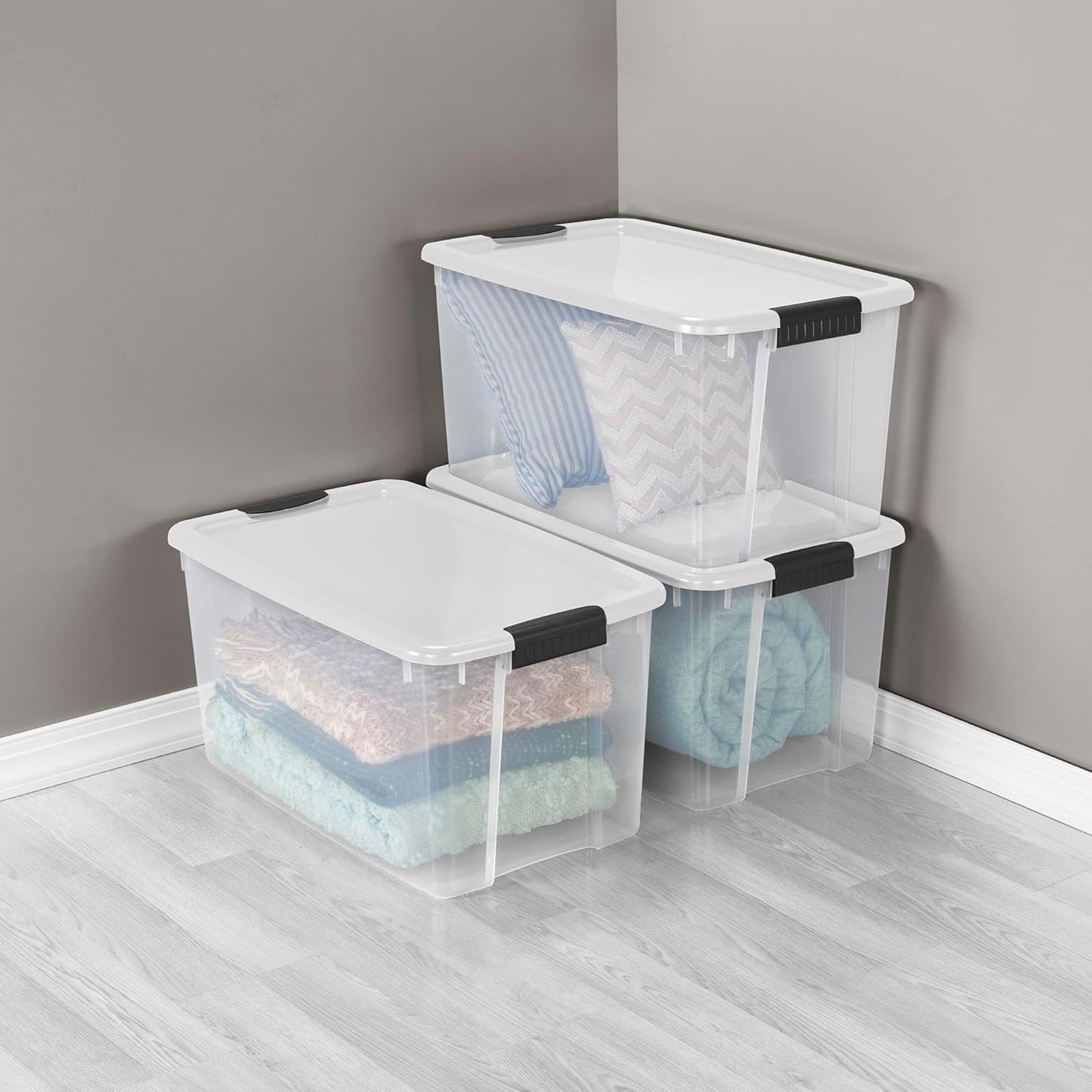 Sterilite 24-Pack Ultra Latching Box, Storage Bins with Lids, Clear Plastic, 70 Quart - Heavy-Duty Organizing Containers for Closet, Bathroom, and Office