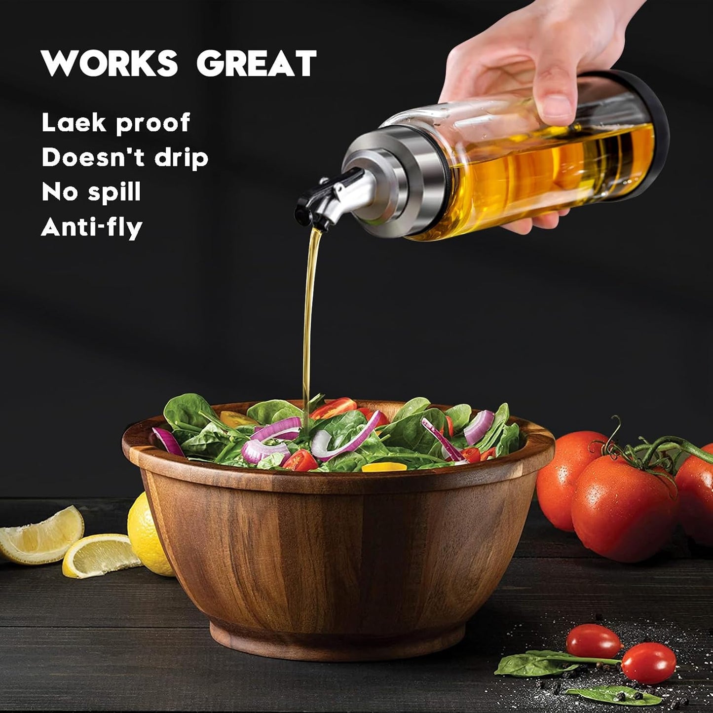 Glass Olive Oil Dispenser Bottle with Leakproof Pourer Spout and Shatterproof Rubber Bottom, Cooking Oil Dispenser Bottle for Kitchen 17 oz Heat Resistant Olive Oil Bottle