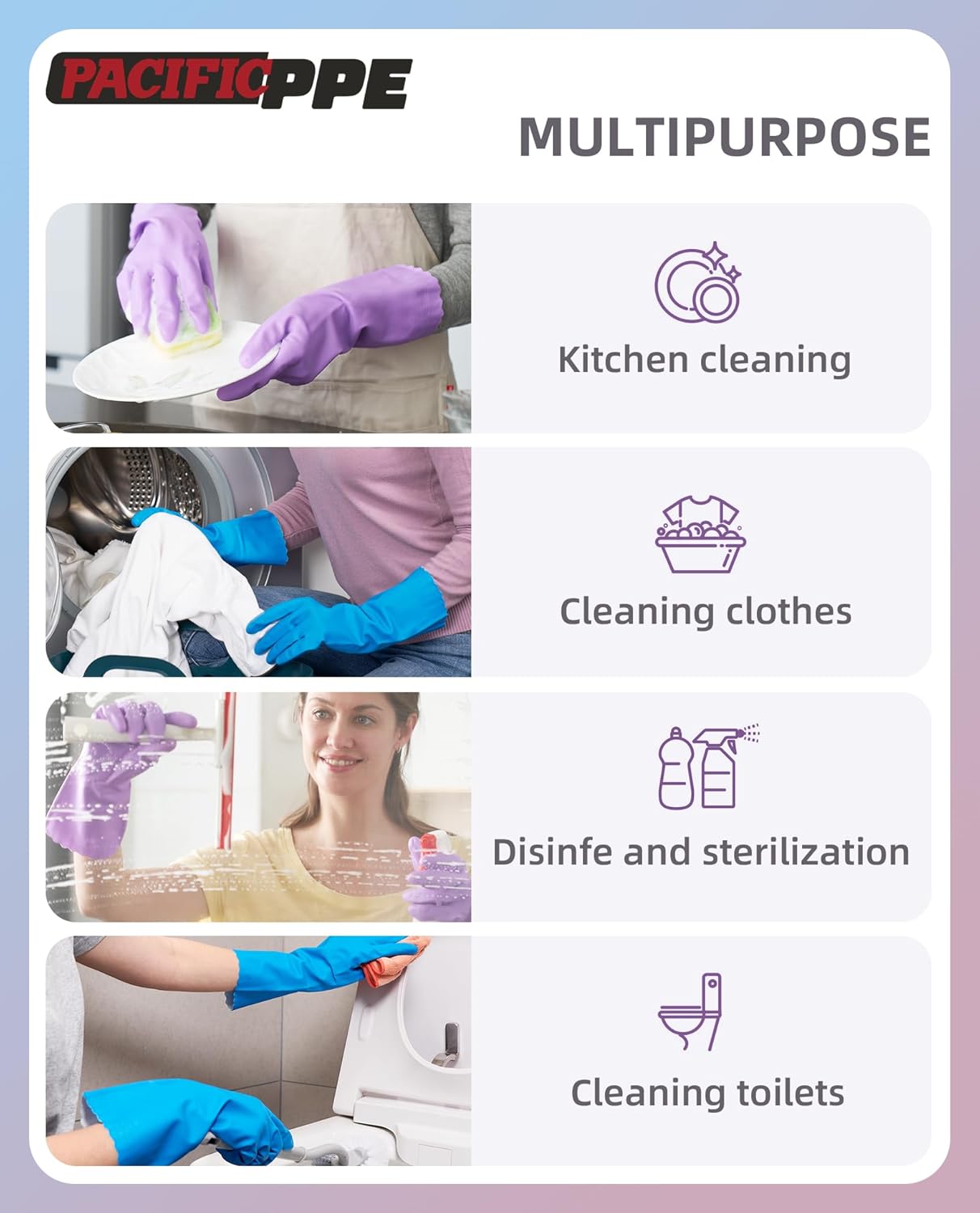 PACIFIC PPE 4 Pairs Reusable Dishwashing Cleaning Gloves with Latex Free, Cotton Lining, Kitchen Gloves, Blue, Medium