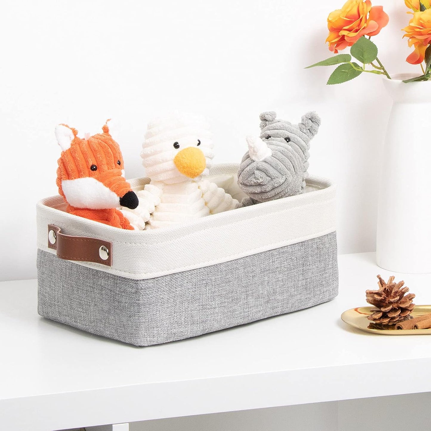 DULLEMELO Small Collapsible Fabric Basket for Organizing, Shelves, Closets, Laundry, Nursery, Decorative Gift Basket (White & Gray)