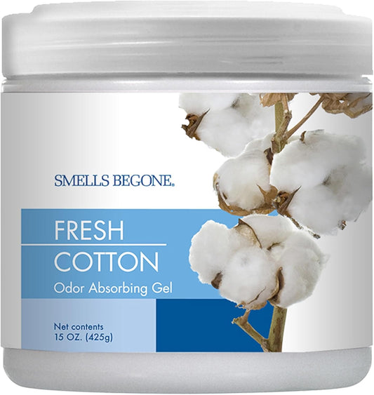 SMELLS BEGONE 15 oz Air Freshener Odor Absorber Gel - Absorbs Odor from Bathrooms, Cars, Pet Areas, Boats and RVs - Made with Essential Oils - Fresh Cotton Scent