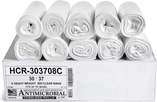 Aluf Plastics High Density Trash Bags, 30 Gallon, 500 Count, 8 Micron (eq), 30" x 37", Clear, for Bathroom, Office, Industrial, Commercial, Janitorial, Municipal, Recycling