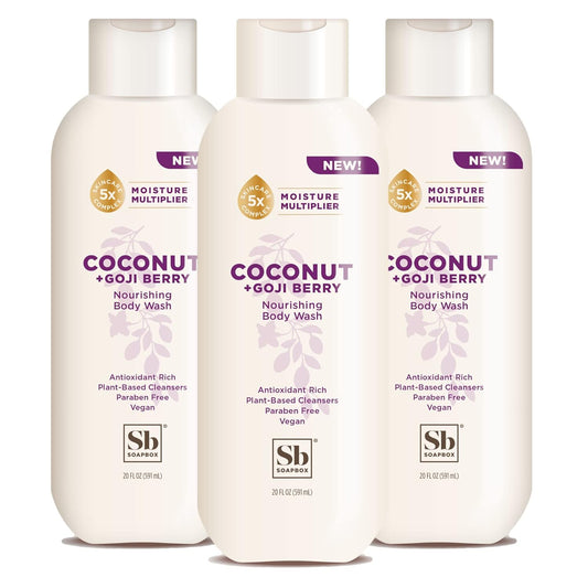 Soapbox Body Wash, Coconut + Goji Berry Body Wash for Women, Men, Vegan + Antioxidant Rich Moisturizing Soap with Shea Butter, Peptides & Keratin Promoting B3, 3 Pack, 20oz Each