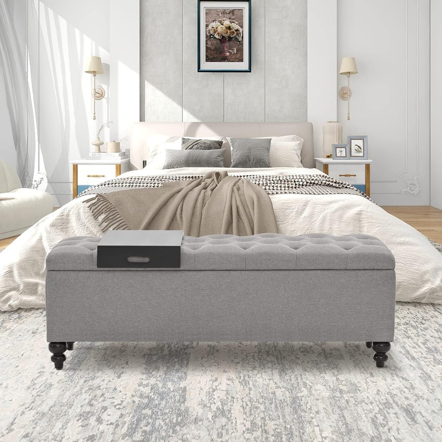 Storage Ottoman 50.2 Inches Upholstered Fabric Storage Ottoman Bench，Button Tufted Ottoman with Storage for Living Room，Bedroom End of Bed Bench Withstands 301lbs(Grey-TP)