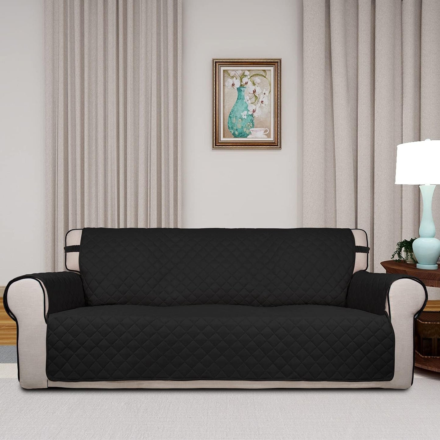 PureFit Reversible Quilted Sofa Cover, Water Resistant Slipcover Furniture Protector, Washable Couch Cover with Non Slip and Elastic Straps for Kids, Pets (Oversized Sofa, Black/Black)