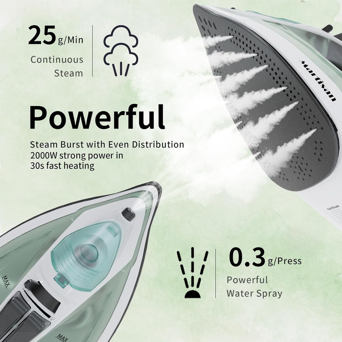 Martisan 2000W Powerful Steamer, Steam Iron for Clothes, Non-stick Soleplate, 4-in-1 Iron, Anti Drip, Fast Heating, Adjustable Temperature, Spray & Burst Steam, Green