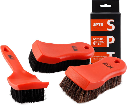 SPTA 3Pcs Car Detailing Brush Kit, Leather & Textile Interior Brush, Comfortable Grip and Scratch-Free Cleaning for Dashboard, Wheels, Seats, Foot Mats and Small Areas, Black