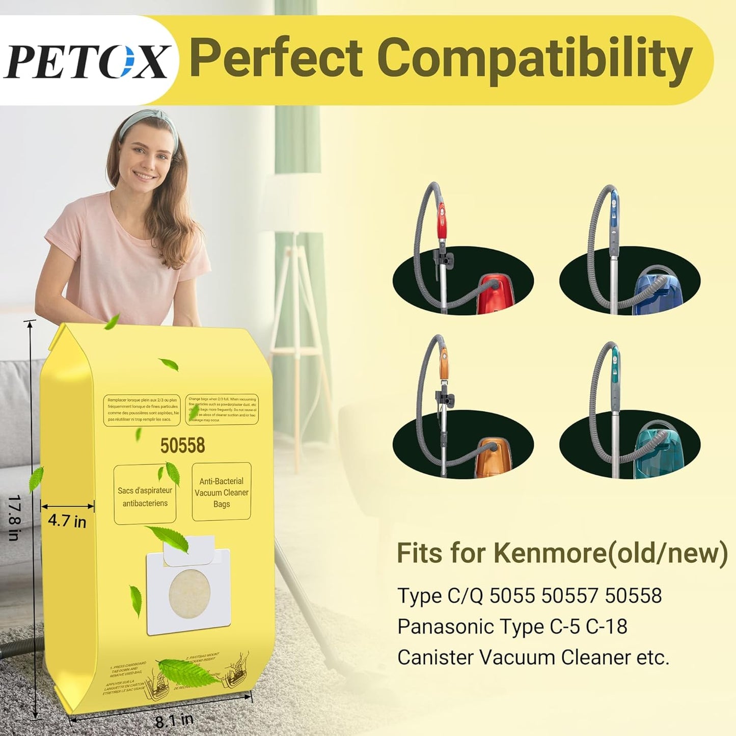50558 Vacuum Cleaner Bags Replacement for Kenmore Canister Type C/Q 5055, 50555, 50557, 50558 and Pana·sonic Type C-5, C-18, 200 Series, 400 Series, 600 Series, 800 Seires Vacuum - 36 Pack