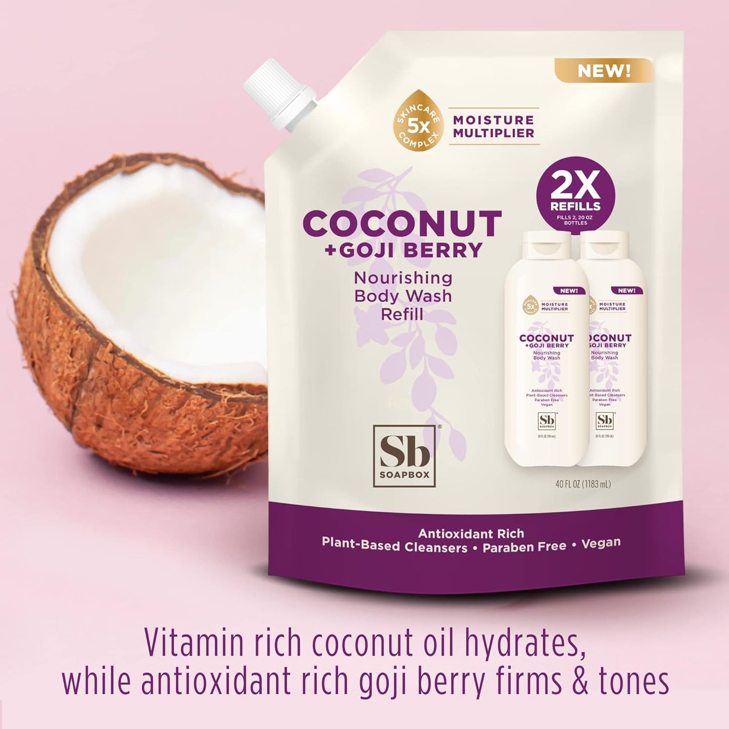 Soapbox Body Wash Refill, Coconut + Goji Berry Body Wash Refill Pack, Bulk Soap Pouch, Vegan + Antioxidant Rich Moisturizing with Shea Butter, Peptides & Keratin Promoting B3, 40oz
