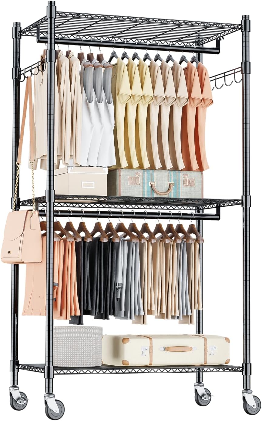 Homdox Heavy Duty Clothing Rack with 3 Tier Adjustable Wire Shelves, Garment Racks for Hanging Clothes, Double Rods Clothing Rack, Freestanding Closet Wardrobe with Side Hooks, Black