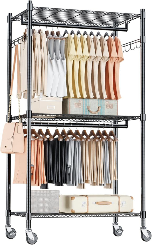 Homdox Heavy Duty Clothing Rack with 3 Tier Adjustable Wire Shelves, Garment Racks for Hanging Clothes, Double Rods Clothing Rack, Freestanding Closet Wardrobe with Side Hooks, Black