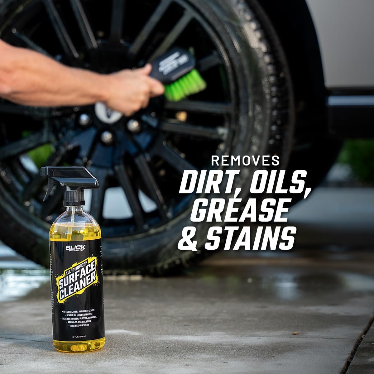 Slick Products All-Purpose Surface Cleaner – Heavy-Duty Interior & Exterior Car Cleaner for Vinyl, Plastic, Rubber, Carpet & Upholstery – Ready-to-Use Formula with Fresh Lemon Scent – 128 oz.