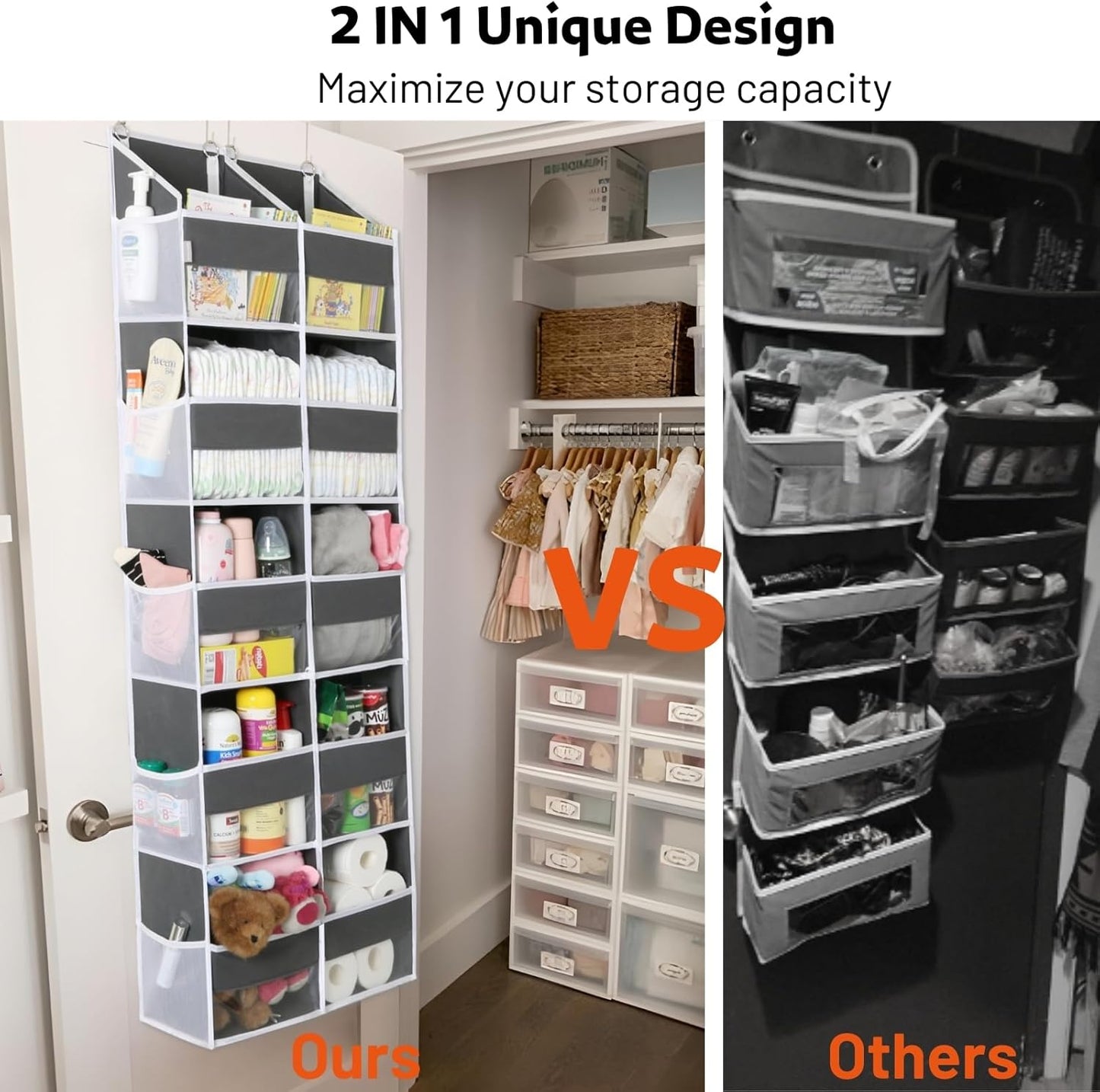 2 Pack Over the Door Organizer 5 Tiers, Extra Large Behind Door Storage of 10 Compartments, 80 lbs Weight Capacity Over Door Organizer, Door Hanging Organizer for Closet, Diaper Organizer,Room storage