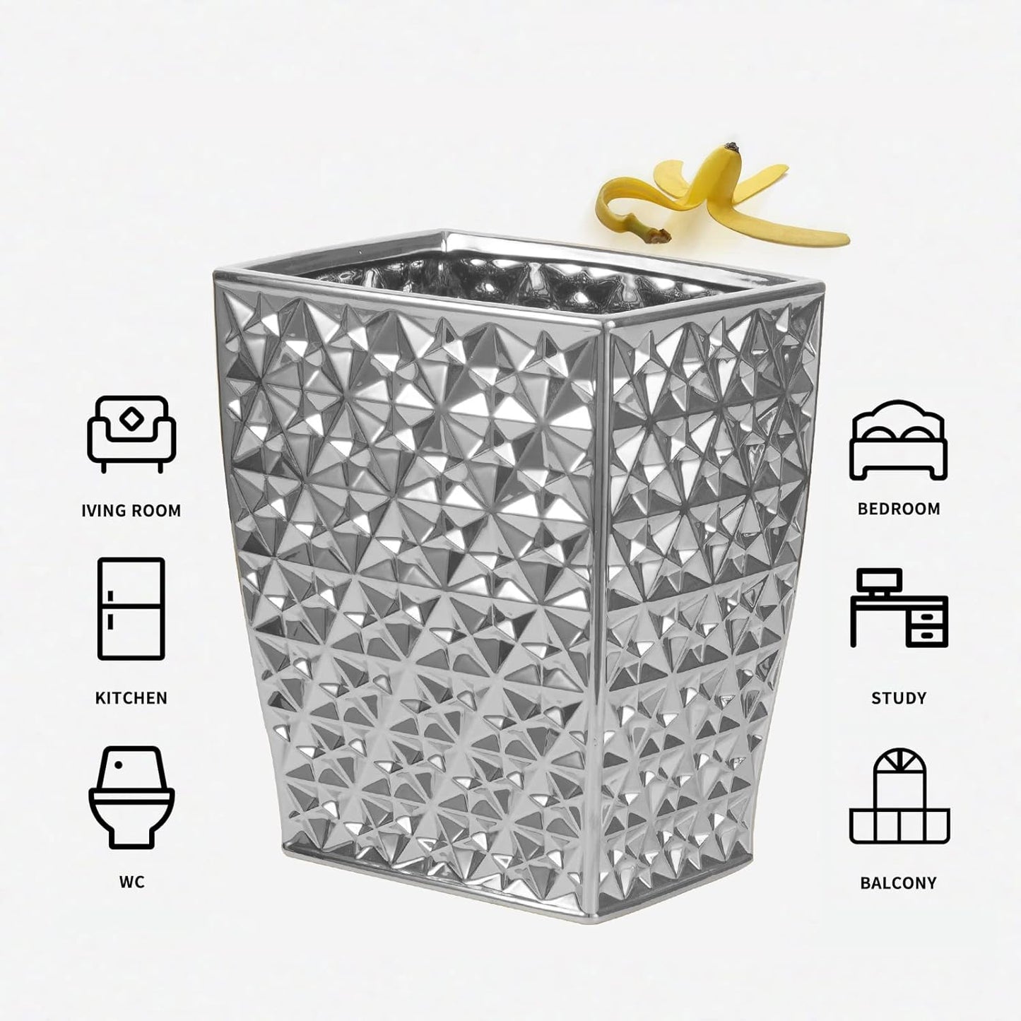 Ceramic Rectangular Small Trash Can - Wastebasket, Garbage Container Bin for Bathroom, Bedroom, Kitchen, Home Office, and Kids Room, Holds Waste, Recycling - Silver