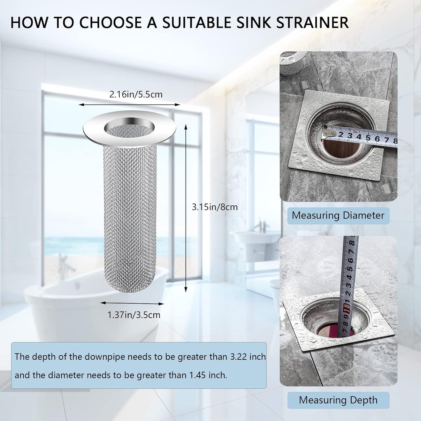 Resdenio Bathroom Sink Drain Strainer Stainless Steel, 2 Pack Floor Drain Filter Mesh Basket Filter Hair Trap Anti-Clog Slag Strainer - Large Wide Rim 2.16" Diameter