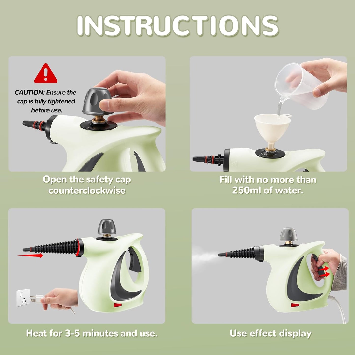 Spurgehom Handheld Steam Cleaner, Portable Steamer with Large Capacity,11-Piece Accessory Set for Floor, Car, Carpet, Upholstery, Couch, Tile, Windows Cleaning (Green)