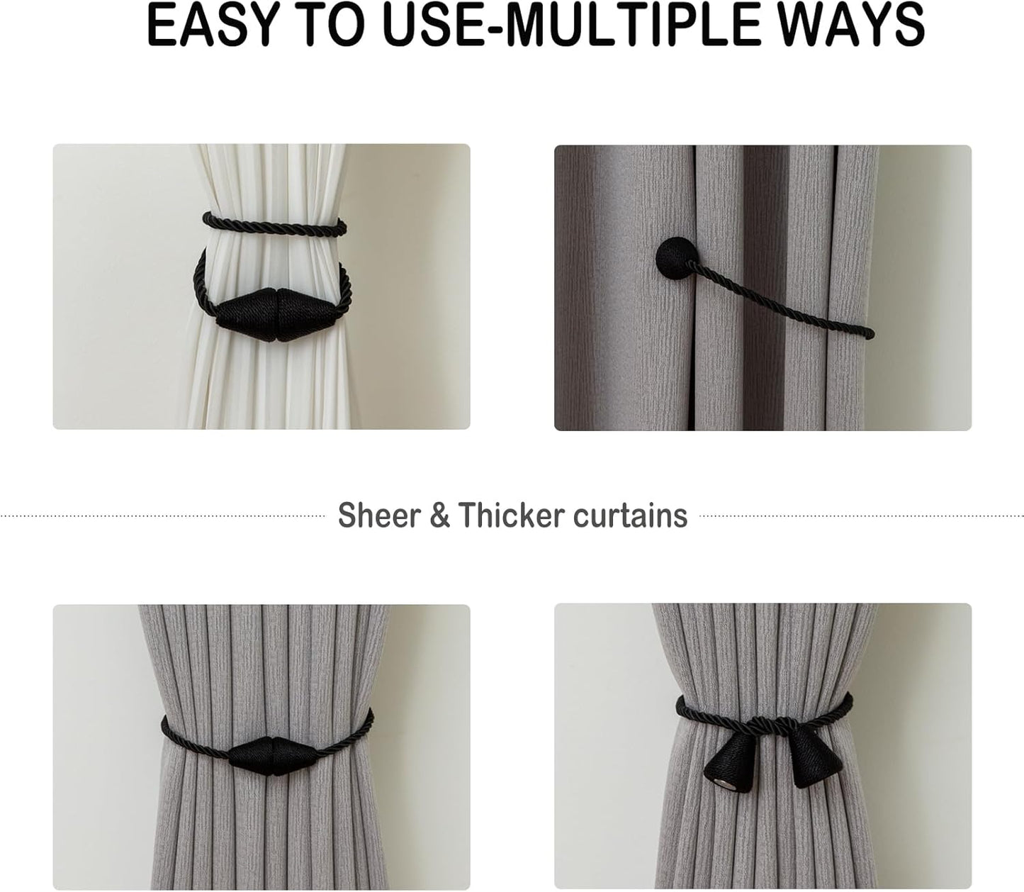 Magnetic Curtain Tiebacks 8 Pack Outdoor Rope Curtain Tie Backs Decorative Window Treatment Holdbacks for Home Decorative Curtain, Black