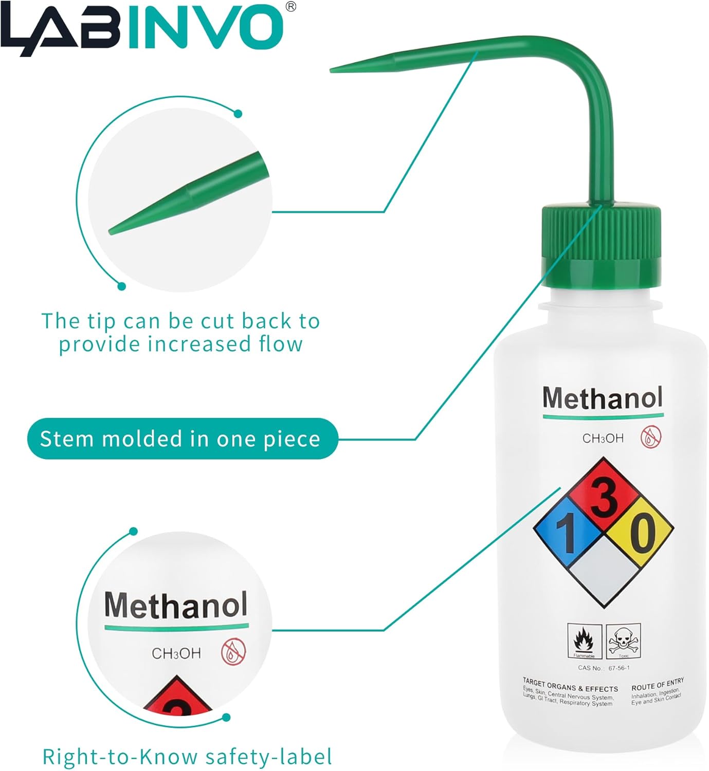 Self-Venting Safety Wash Bottles(Methanol), Pack of 1, With Chemical Name,.Vol.500Ml,Ldpe Material,Cap In Green Color.IN-WBM501