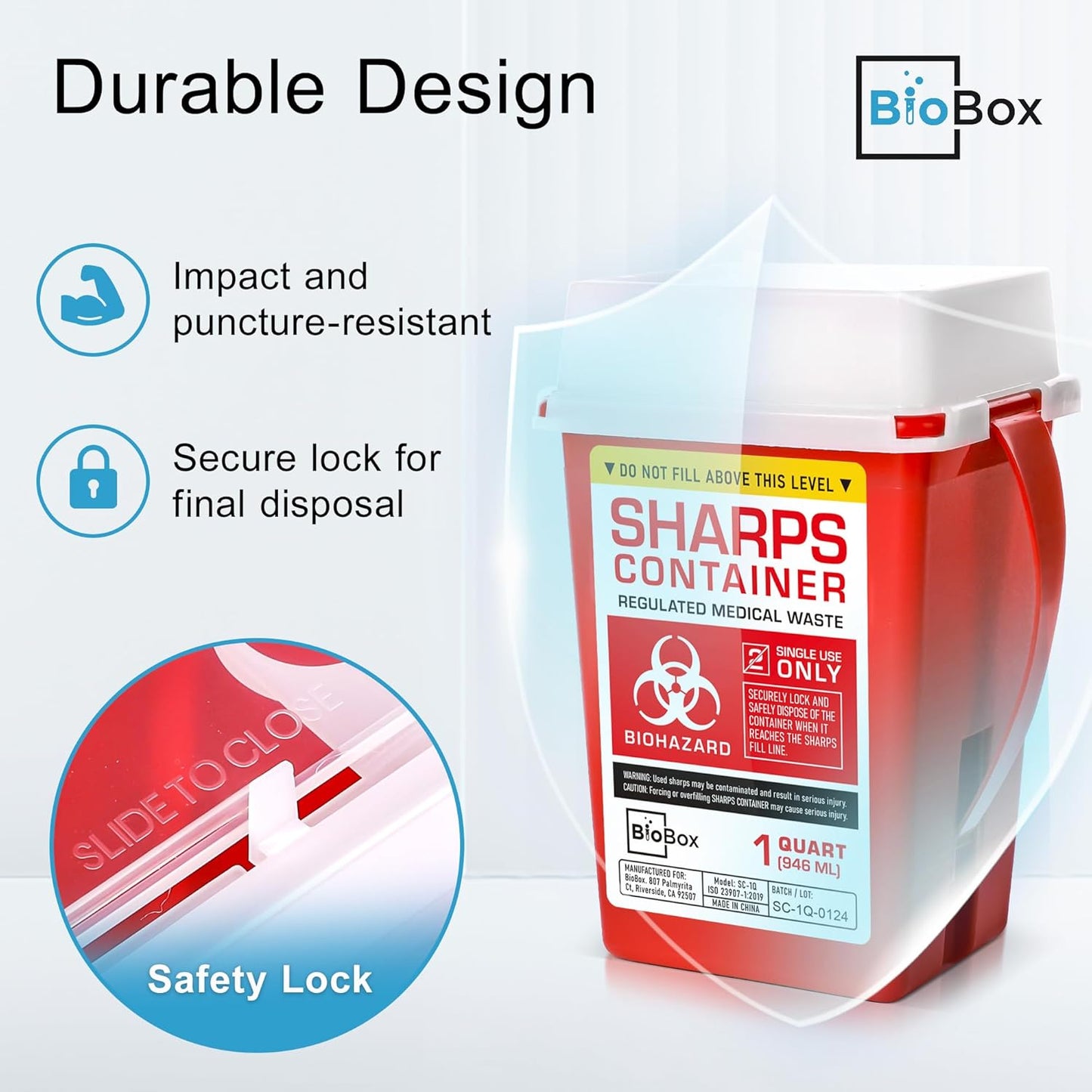 Sharps Container Large - Sharps Containers for Home Use and Labs - Portable Needle Disposal and Travel Size Biohazard Bin - 1 Quart (Pack of 5)