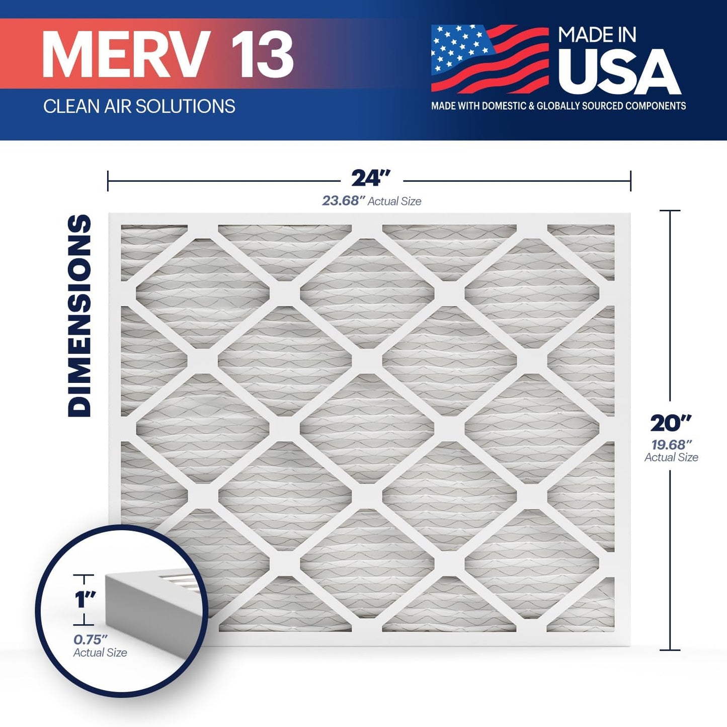 BNX TruFilter 20x24x1 Air Filter MERV 13 (6-Pack) - MADE IN USA - Electrostatic Pleated Air Conditioner HVAC AC Furnace Filters for Allergies, Pollen, Mold, Bacteria, Smoke, Allergen, MPR 1900 FPR 10