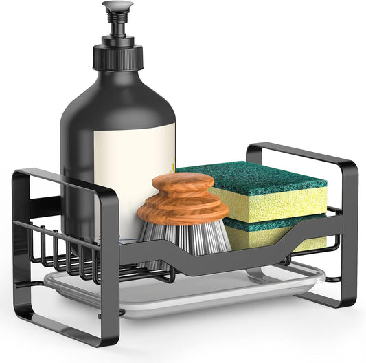 Sink Caddy Sponge Holder,Sponge Holder for Kitchen Sink,Kitchen Sink Organizer for Soap Brush Dispenser,Countertop Sink Caddy Organizer with Removable Drain Tray