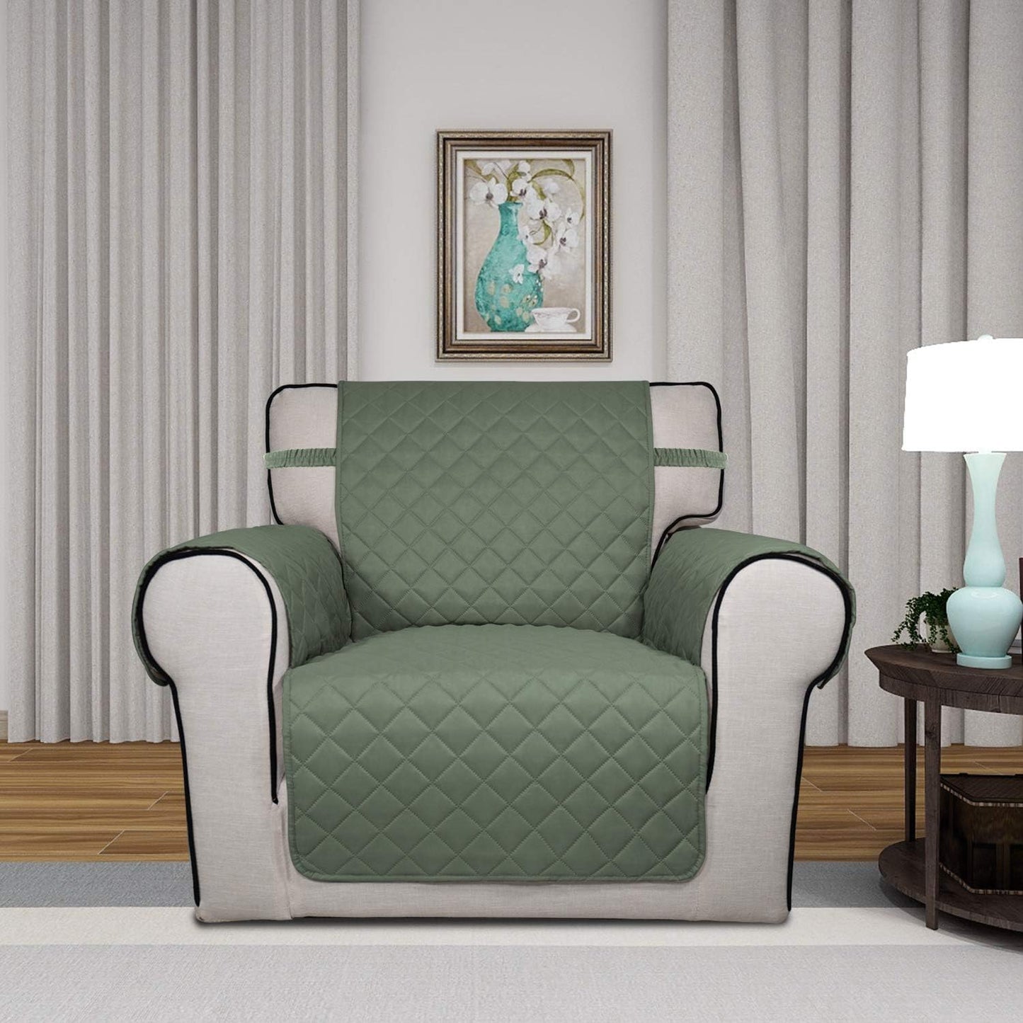 PureFit Reversible Quilted Sofa Cover, Water Resistant Slipcover Furniture Protector, Washable Couch Cover with Non Slip and Elastic Straps for Kids, Dogs, Pets (Chair, Greyish Green/Beige)