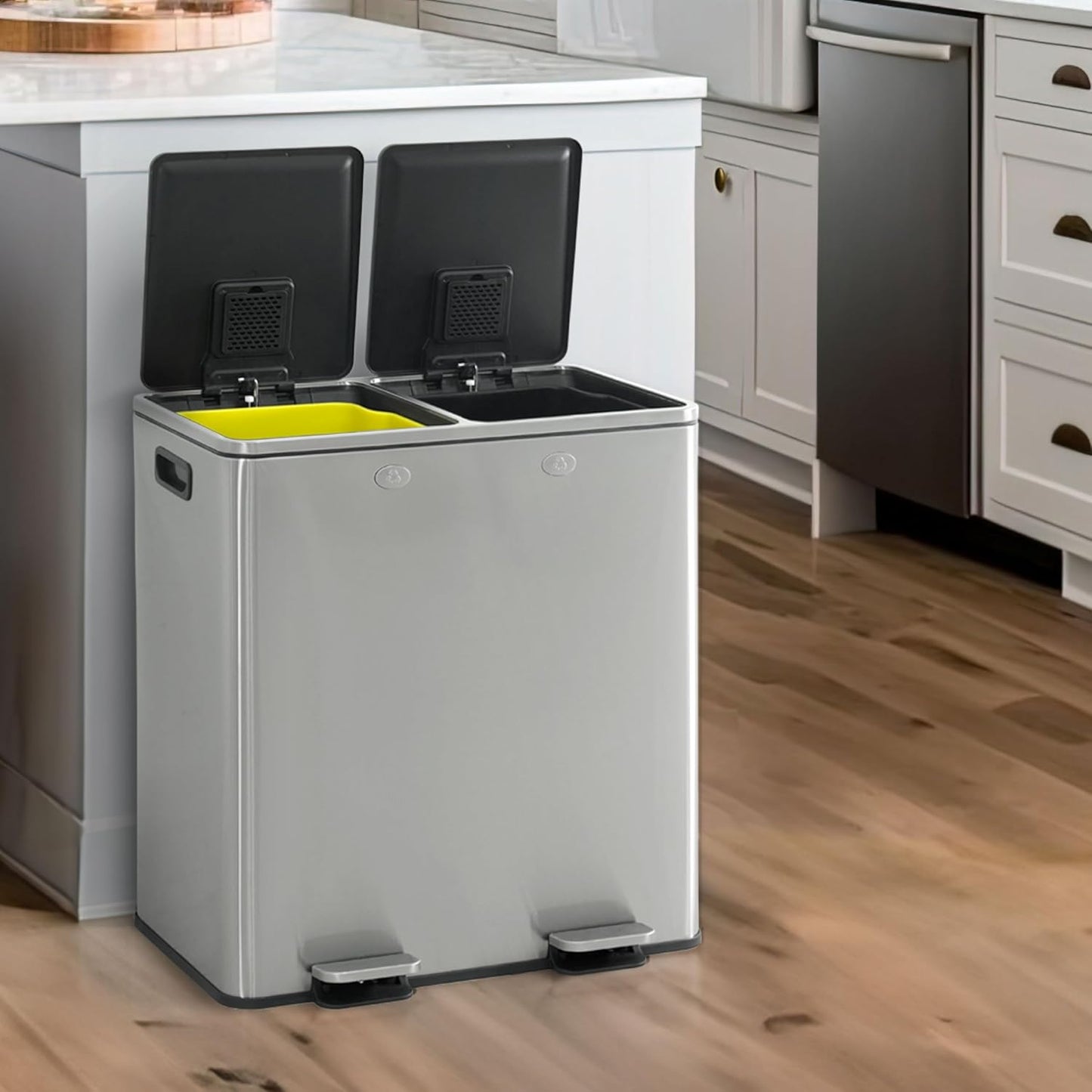 CAPHAUS Dual Trash Can with Double Lid, Trash and Recycle Bins Combo, Hands-Free Stainless-Steel Garbage Can for Kitchen, with 2 Compartment, Hinged Lid, Odor Filters, Handles, 30L+30L, 2 x 8 Gallon